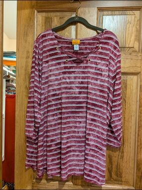 Ruby Rd. Wine Striped Lace-Up Tunic